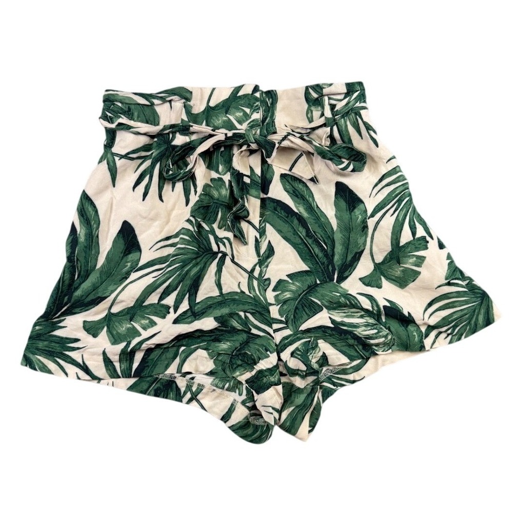 HM Tropical Palm Leaf Paperbag Waist Shorts‎ Green Cream Viscose Womens Size 2